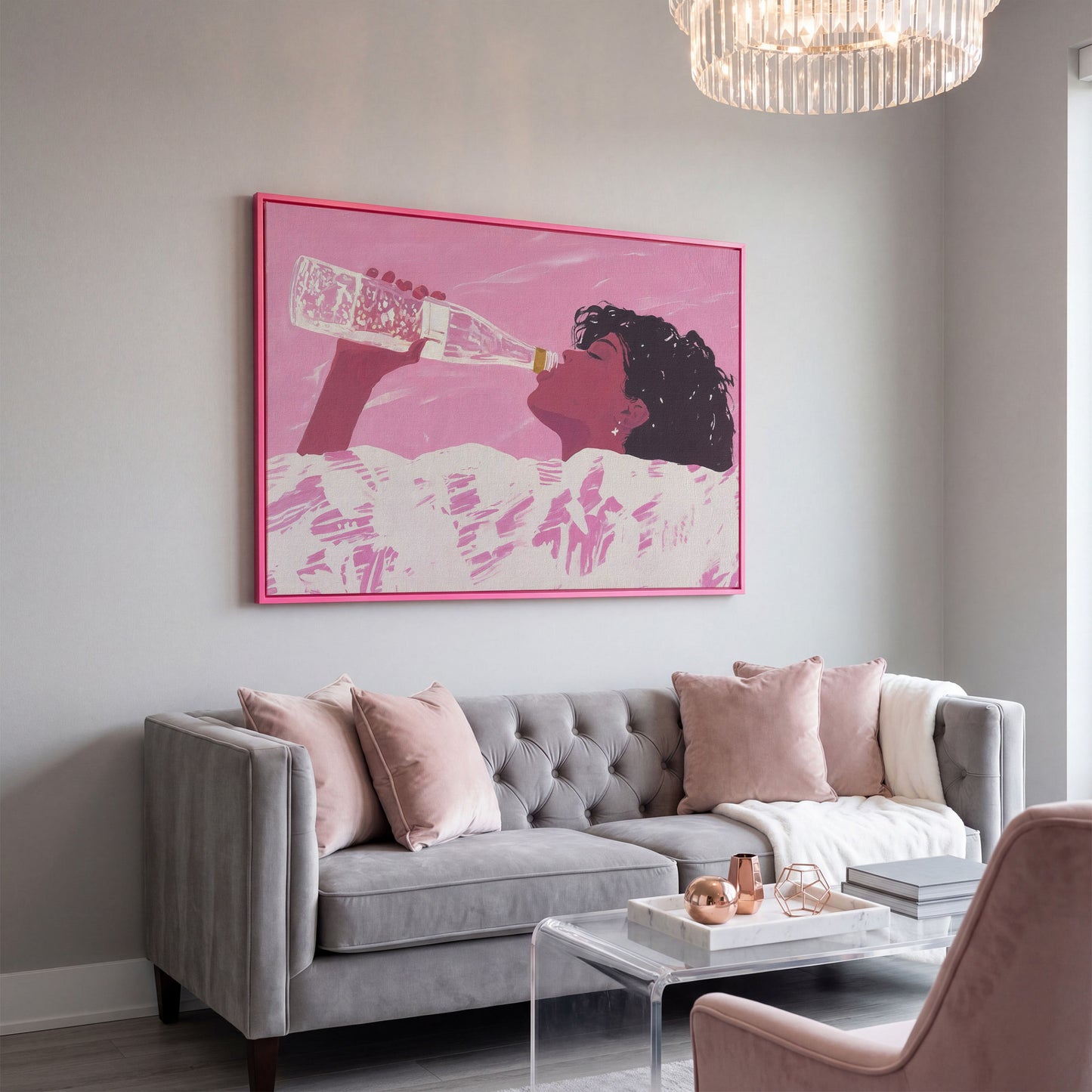 Pink Abstract Woman Canvas Print in pink floating frame