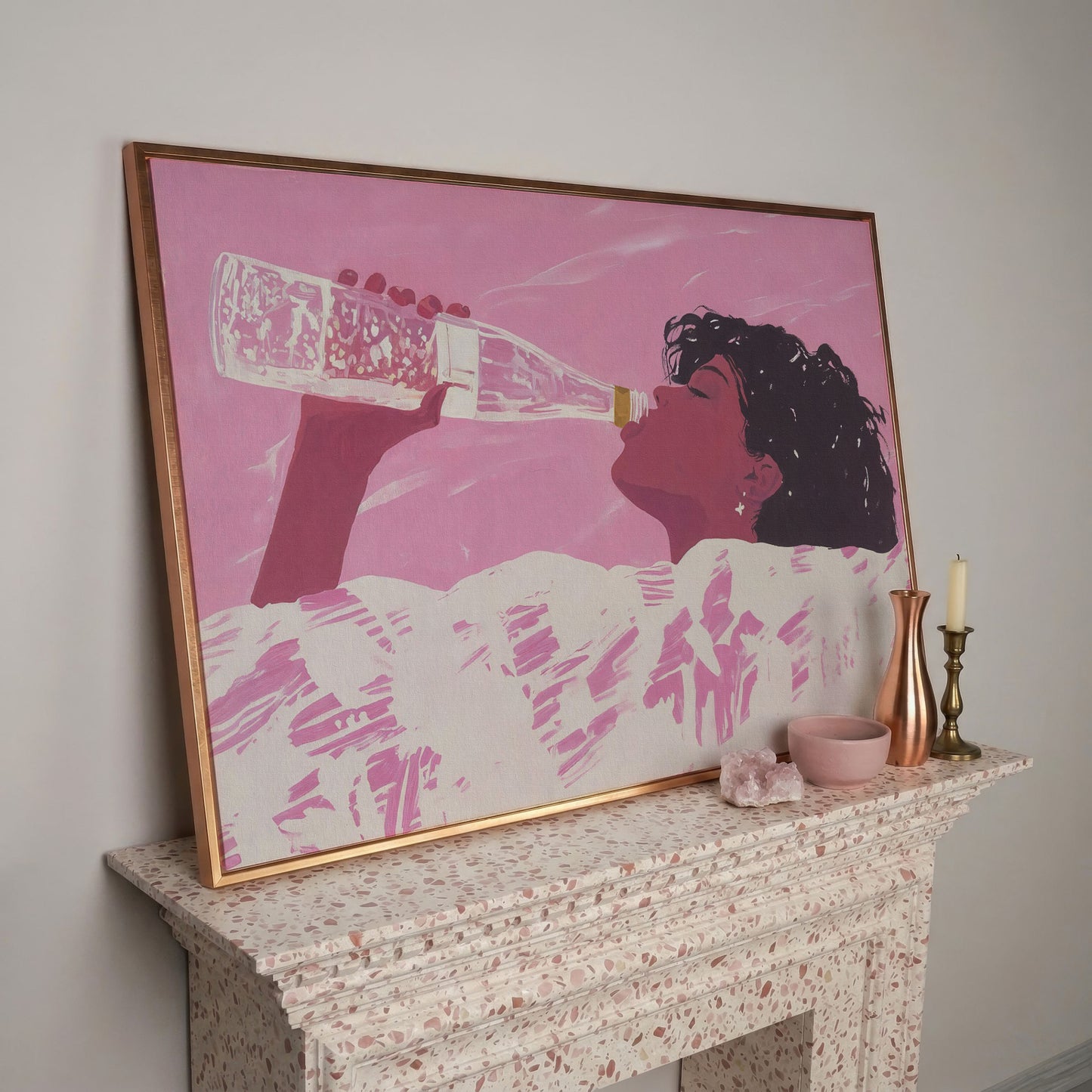 Pink Abstract Woman Canvas Print in rose gold floating frame