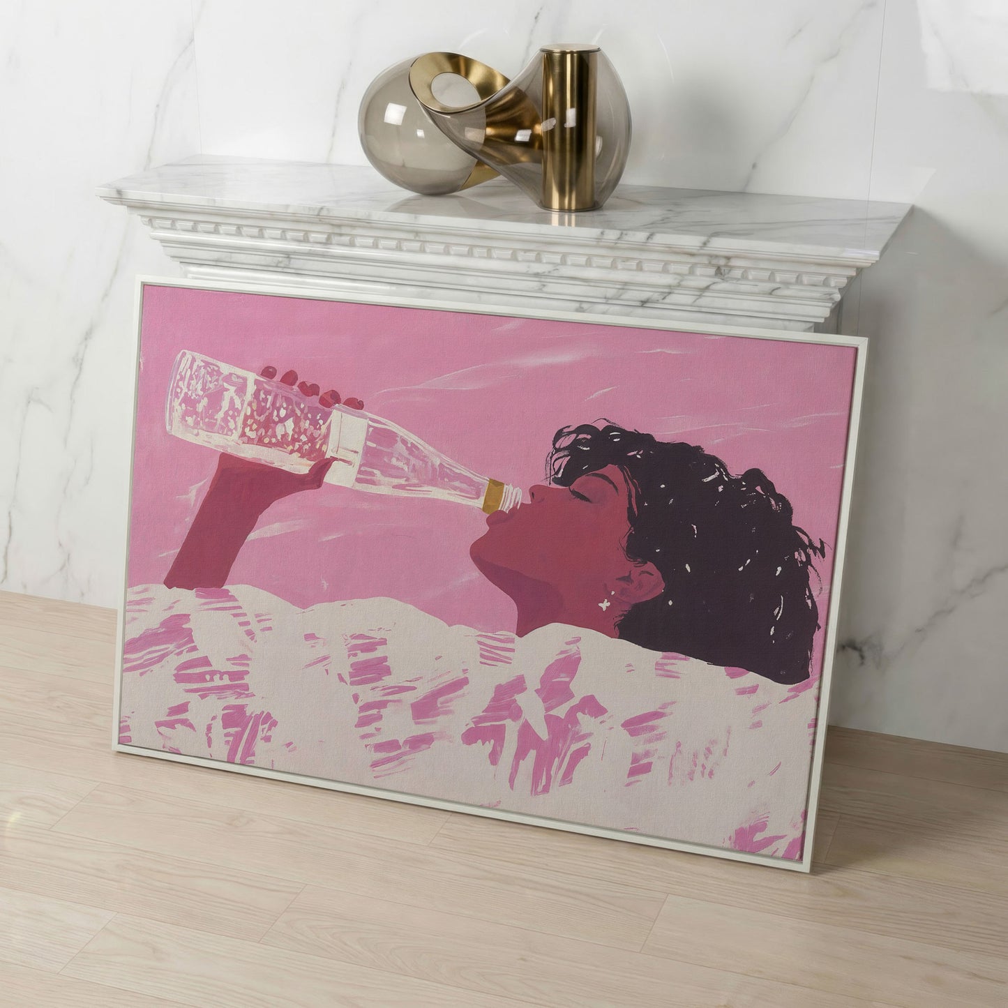 Pink Abstract Woman Canvas Print in white floating frame