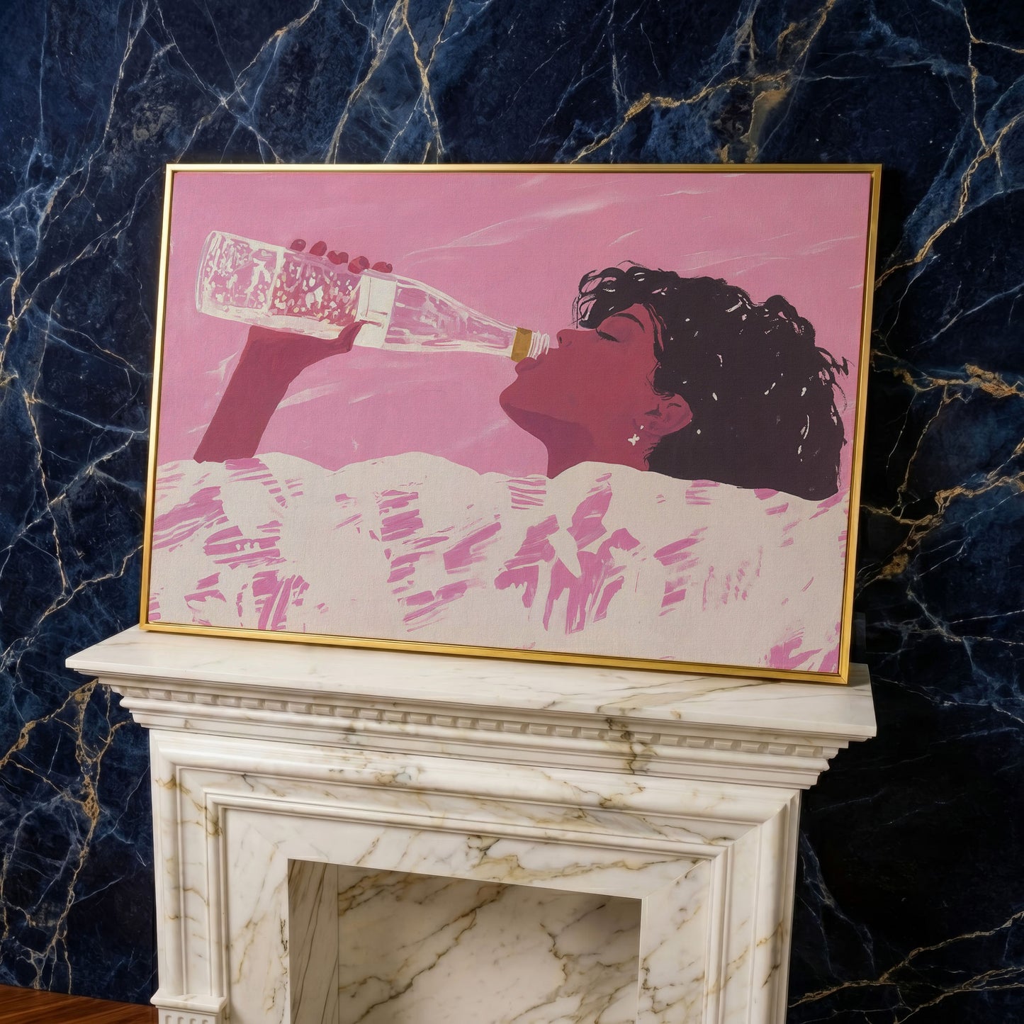 Pink Abstract Woman Canvas Print in yellow gold floating frame