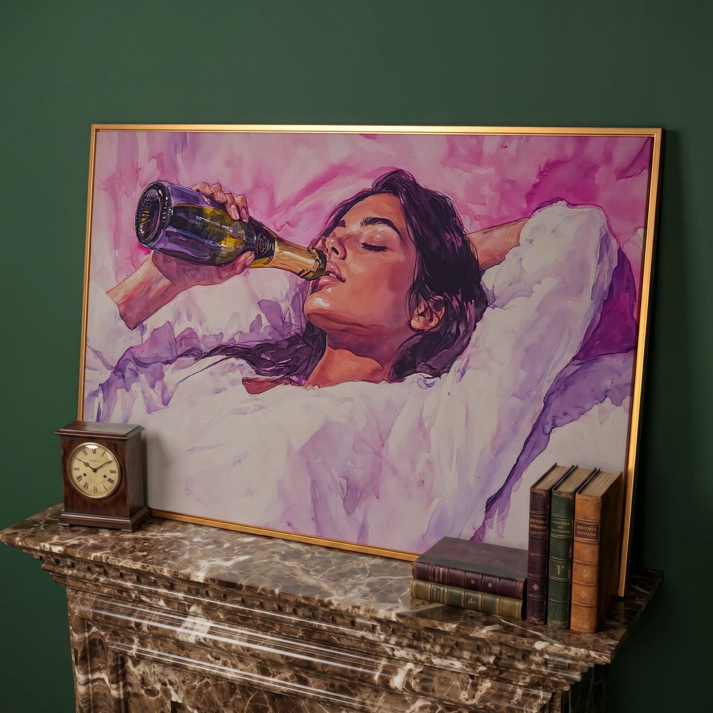 Elegant Woman in Champagne Pink Watercolor Canvas in antique gold floating frame