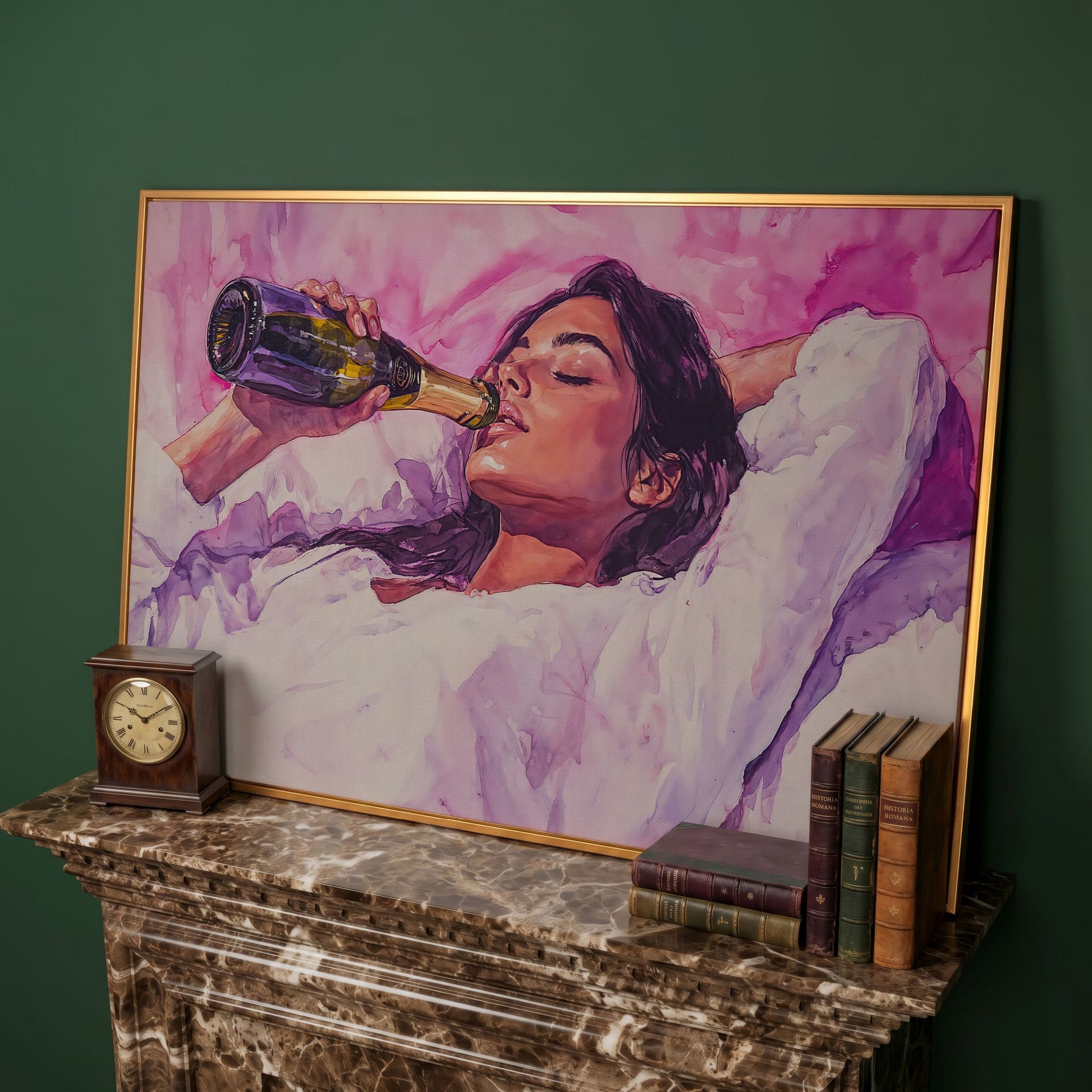 Elegant Woman in Champagne Pink Watercolor Canvas in antique gold floating frame