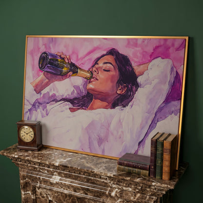 Elegant Woman in Champagne Pink Watercolor Canvas in antique gold floating frame