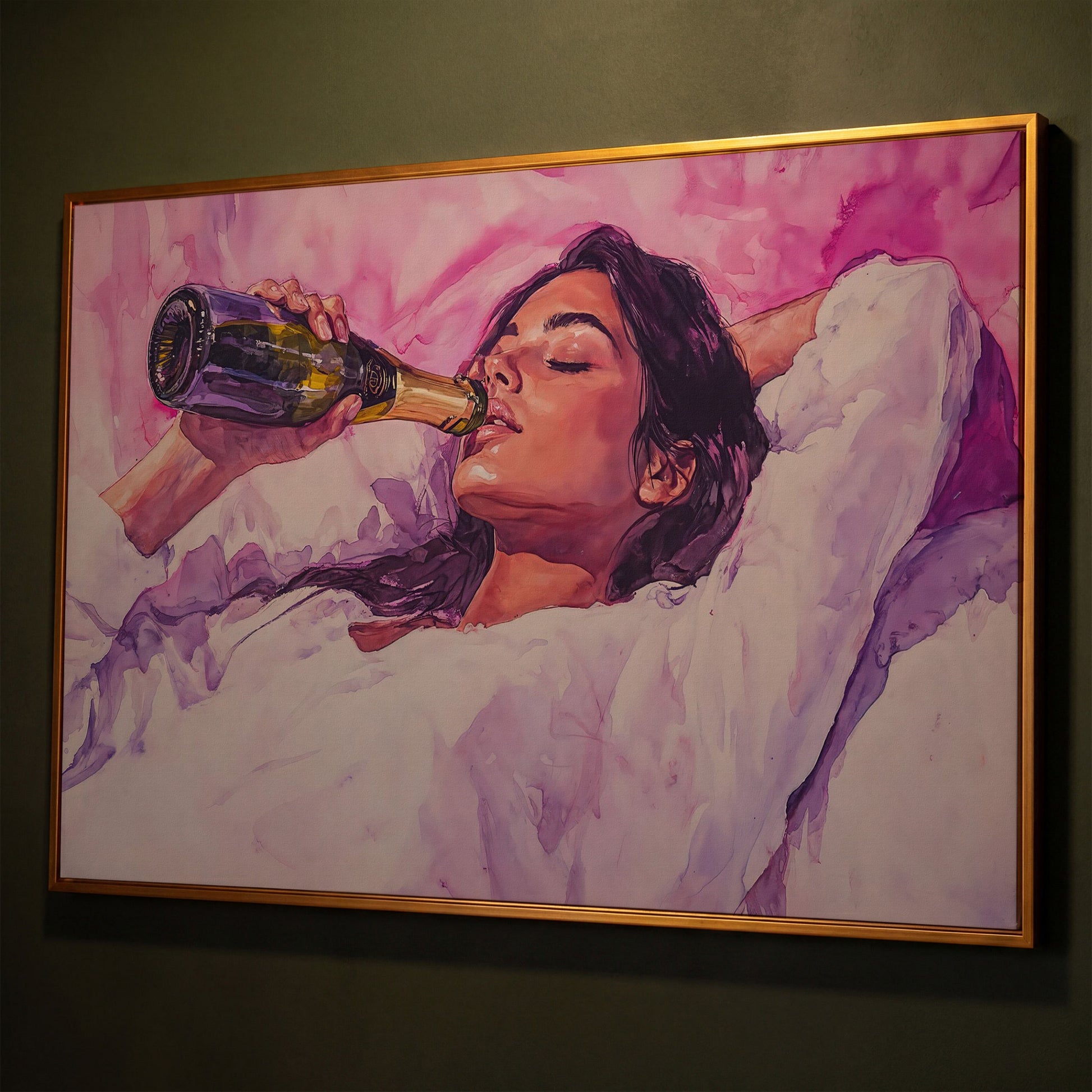 Elegant Woman in Champagne Pink Watercolor Canvas shown in antique gold floating frame
