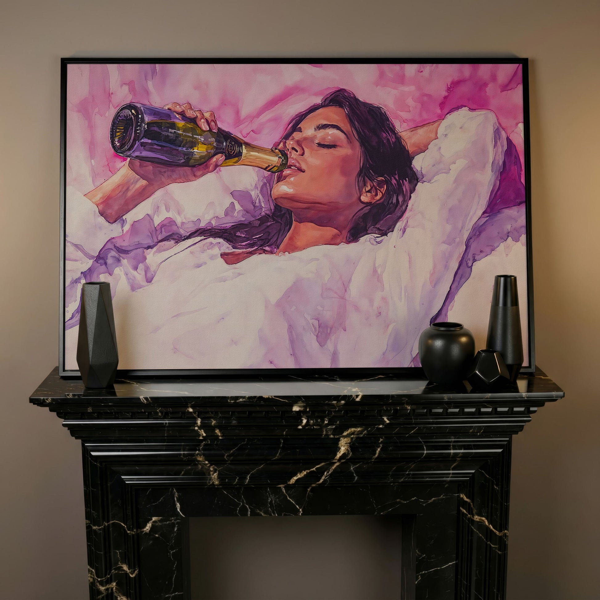 Elegant Woman in Champagne Pink Watercolor Canvas in black floating frame