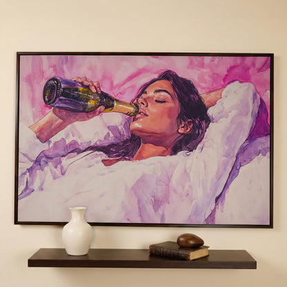 Elegant Woman in Champagne Pink Watercolor Canvas in dark walnut floating frame