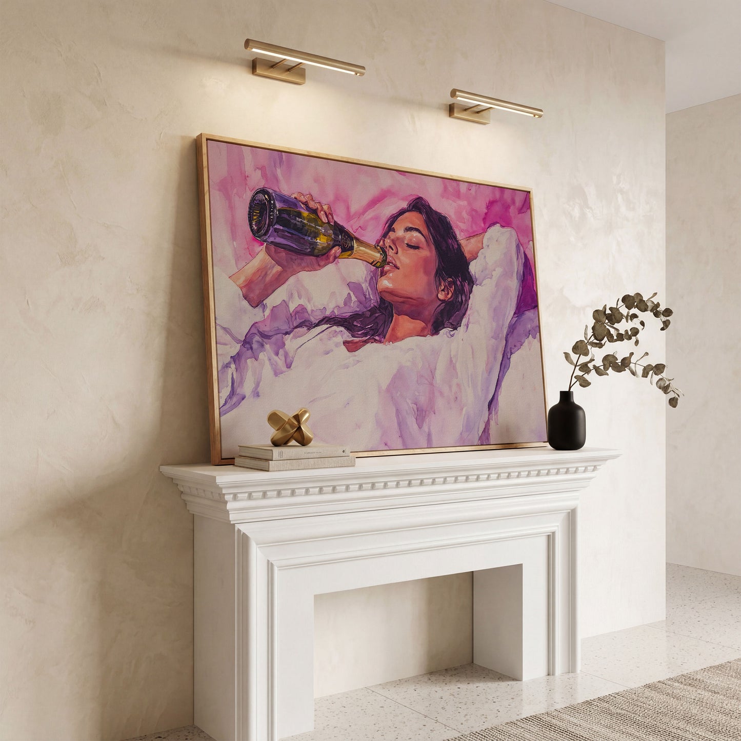 Elegant Woman in Champagne Pink Watercolor Canvas in white oak floating frame