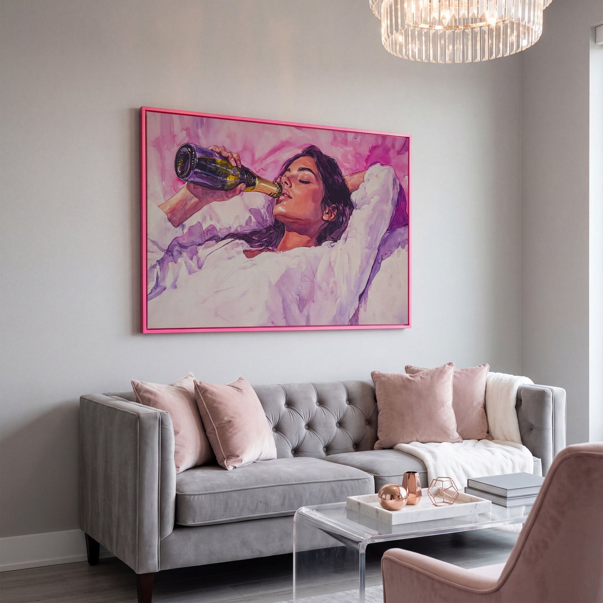 Elegant Woman in Champagne Pink Watercolor Canvas in pink floating frame