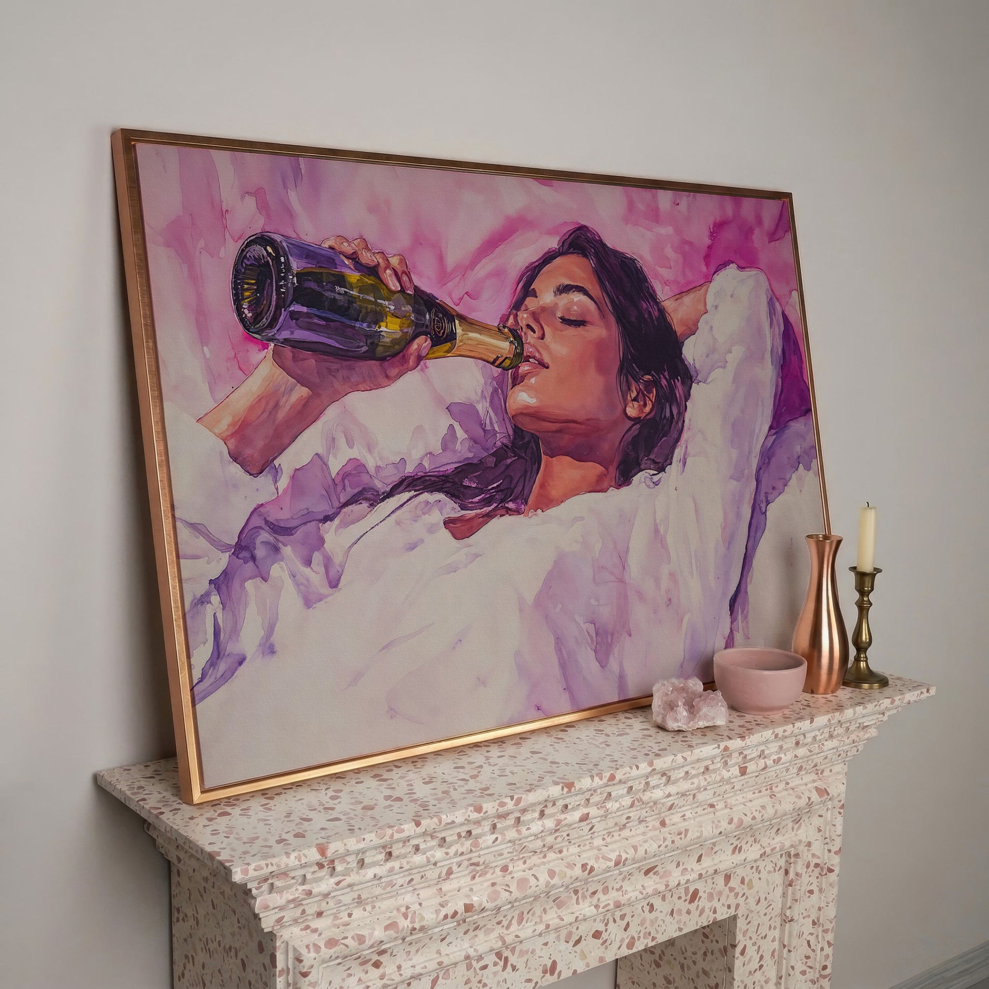 Elegant Woman in Champagne Pink Watercolor Canvas in rose gold floating frame