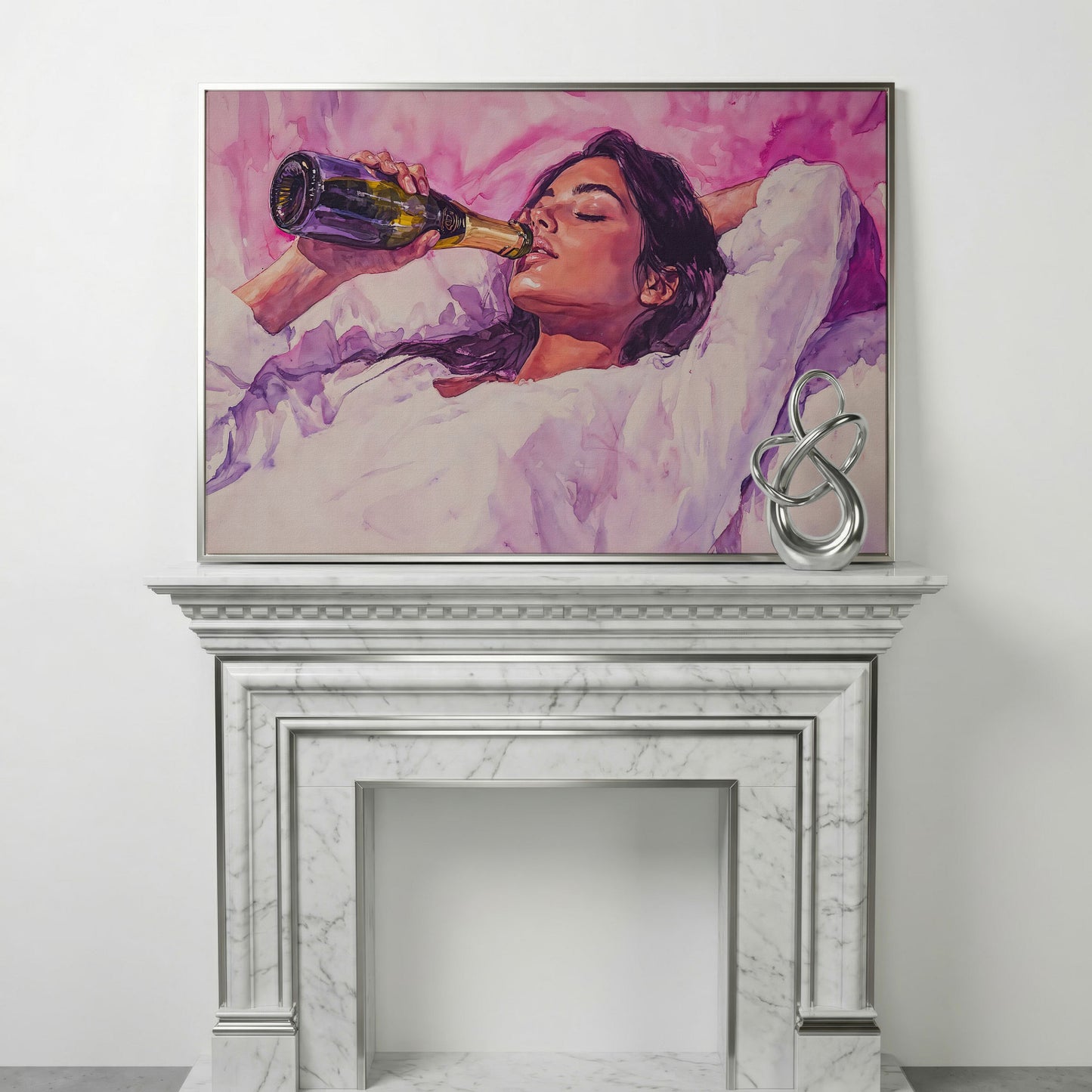 Elegant Woman in Champagne Pink Watercolor Canvas in silver floating frame