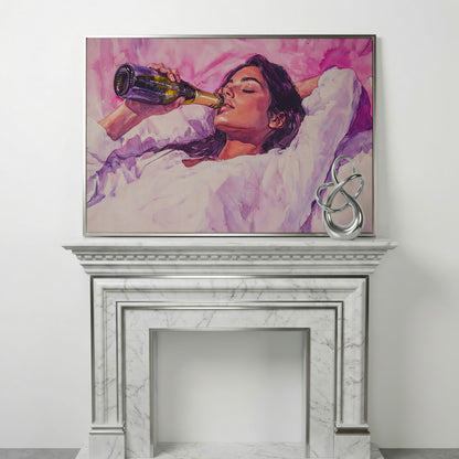 Elegant Woman in Champagne Pink Watercolor Canvas in silver floating frame