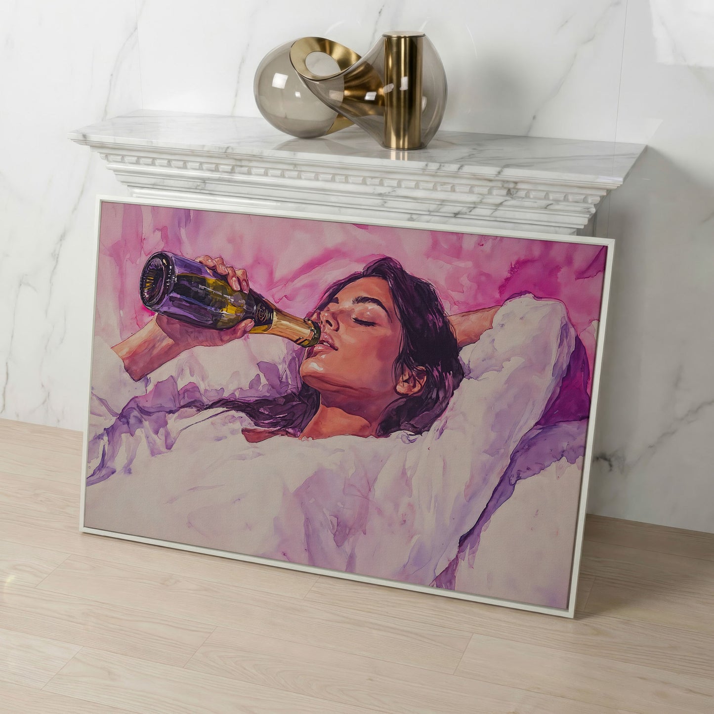 Elegant Woman in Champagne Pink Watercolor Canvas in white floating frame