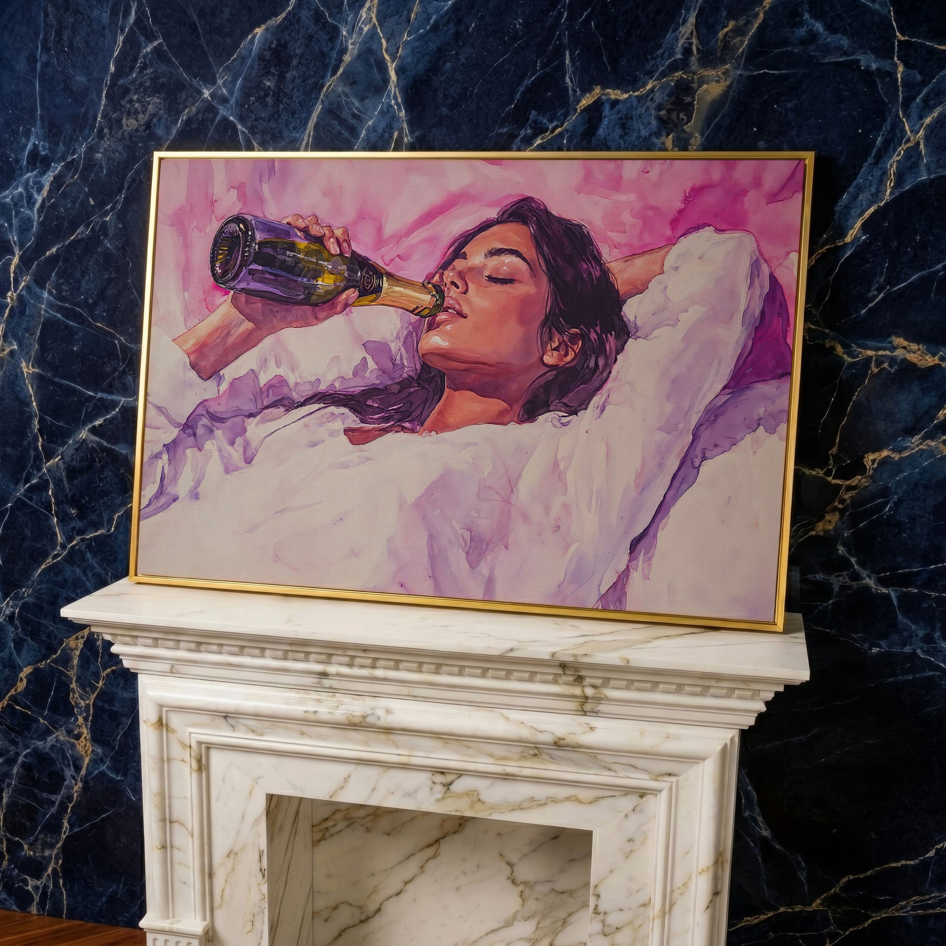 Elegant Woman in Champagne Pink Watercolor Canvas in yellow gold floating frame
