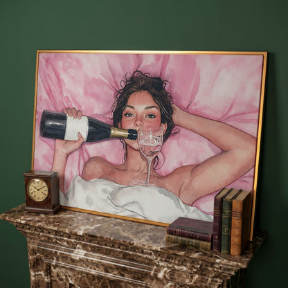 Woman with Wine Glass in Pink Watercolor canvas in antique gold floating frame