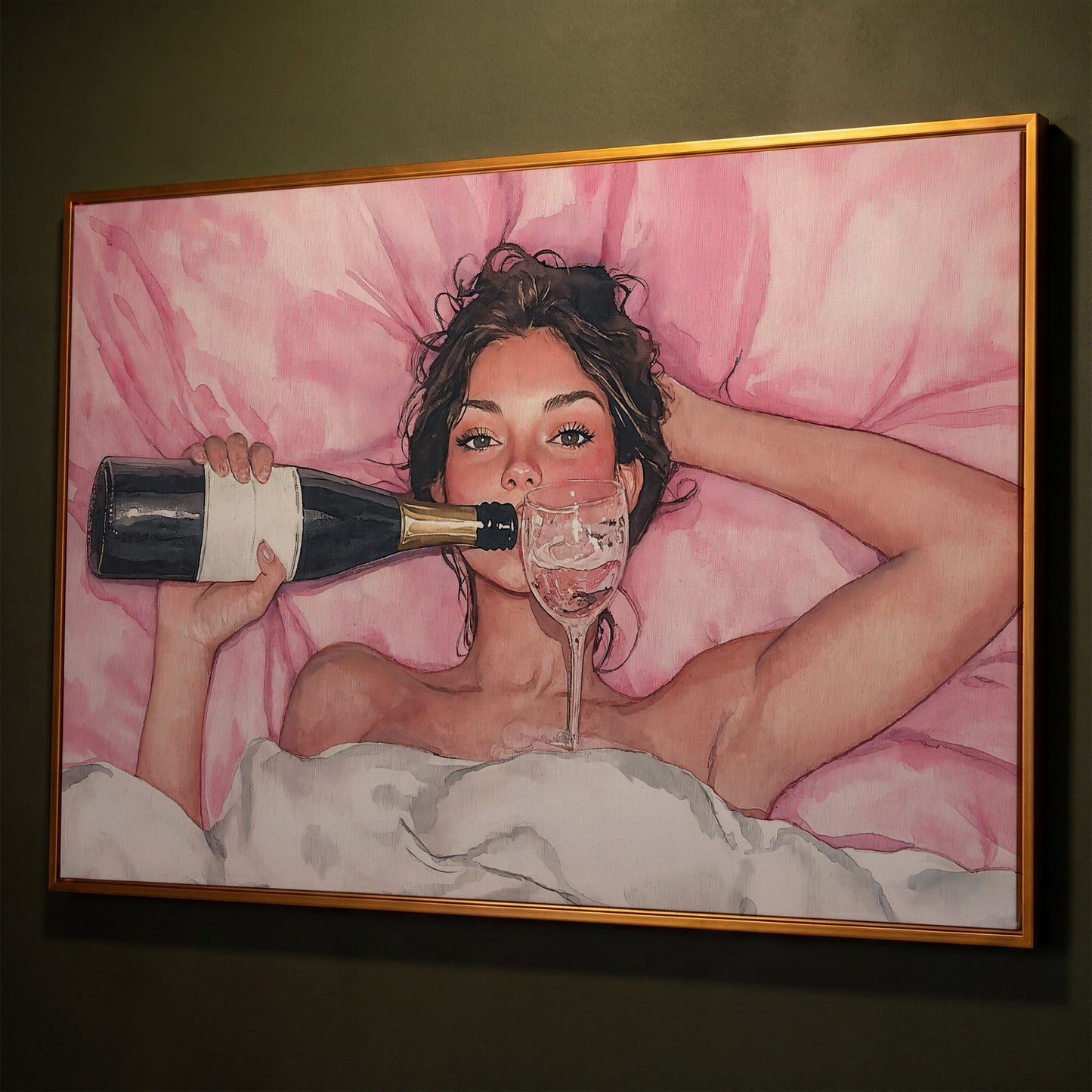 Woman with Wine Glass in Pink Watercolor canvas shown in antique gold floating frame