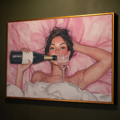 Woman with Wine Glass in Pink Watercolor canvas shown in antique gold floating frame