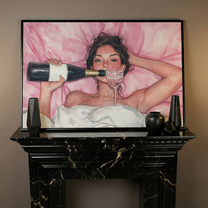 Woman with Wine Glass in Pink Watercolor canvas in black floating frame
