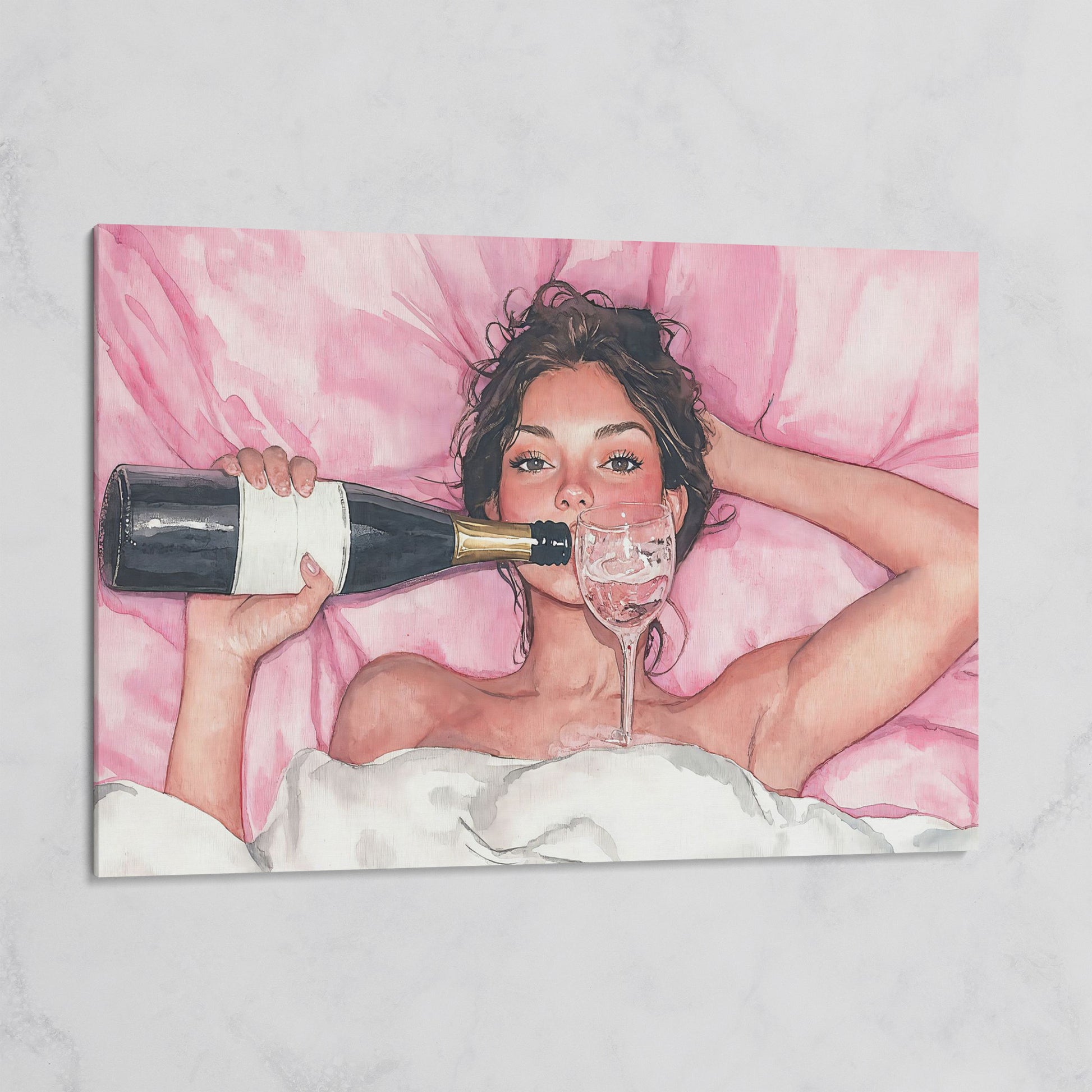 Woman with Wine Glass in Pink Watercolor on gallery wrap canvas