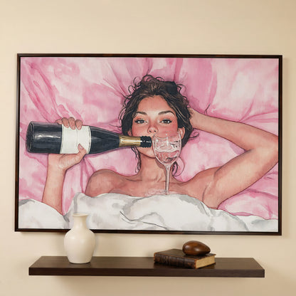 Woman with Wine Glass in Pink Watercolor canvas in dark walnut floating frame