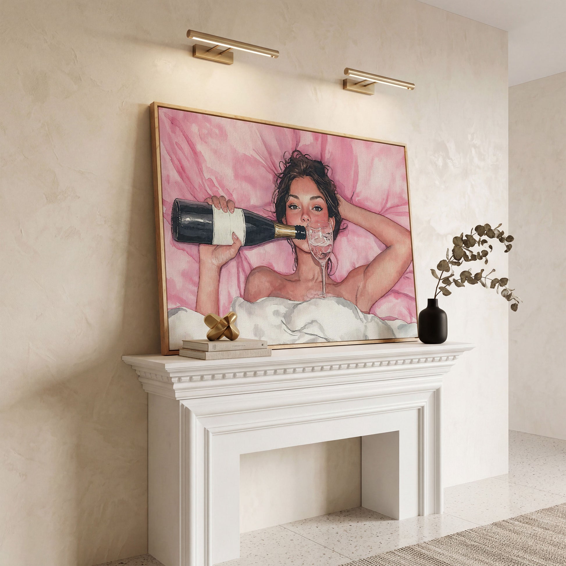 Woman with Wine Glass in Pink Watercolor canvas in white oak floating frame