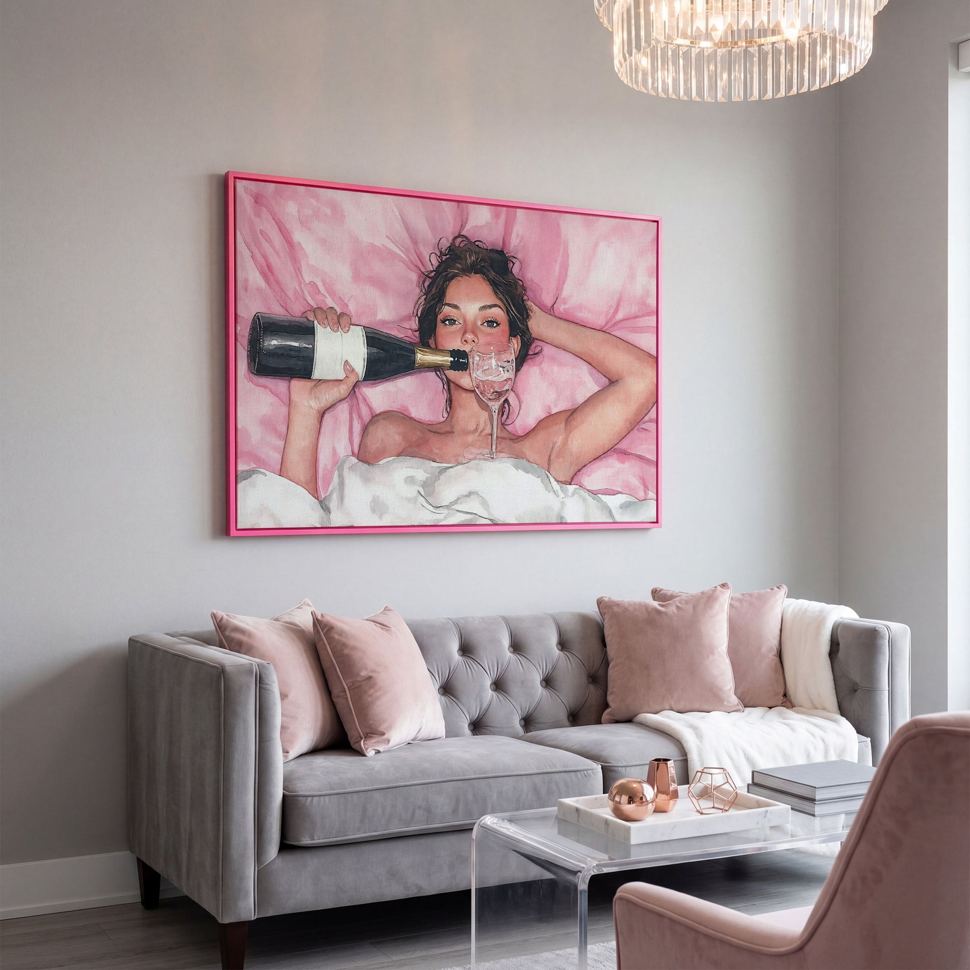 Woman with Wine Glass in Pink Watercolor canvas in pink floating frame