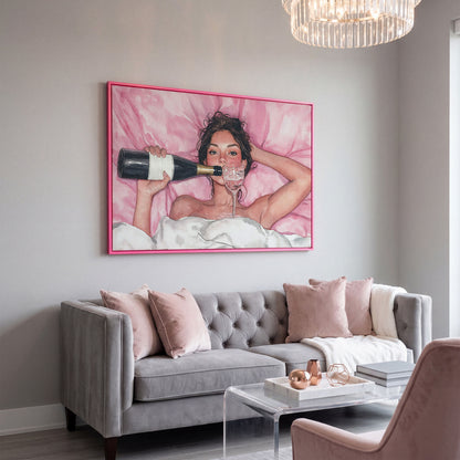 Woman with Wine Glass in Pink Watercolor canvas in pink floating frame