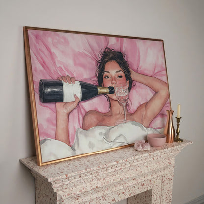 Woman with Wine Glass in Pink Watercolor canvas in rose gold floating frame