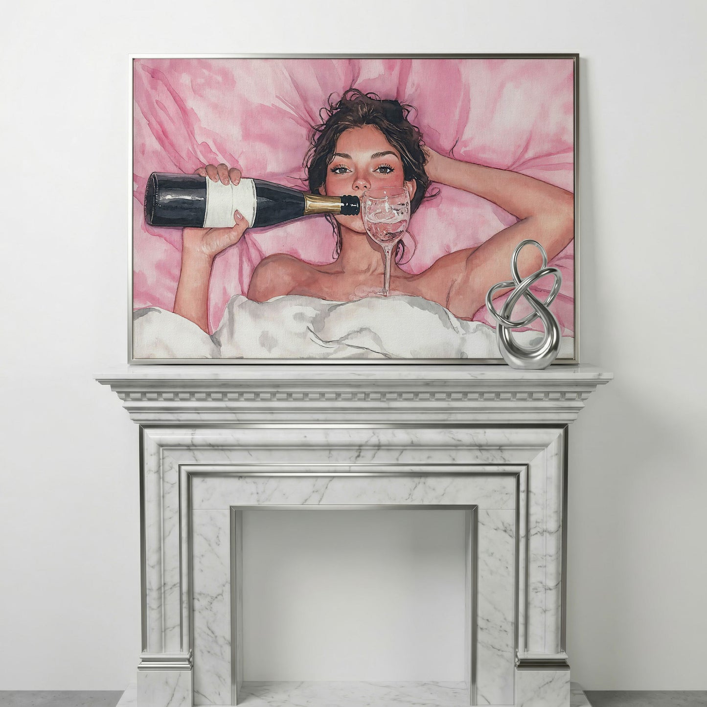 Woman with Wine Glass in Pink Watercolor canvas in silver floating frame