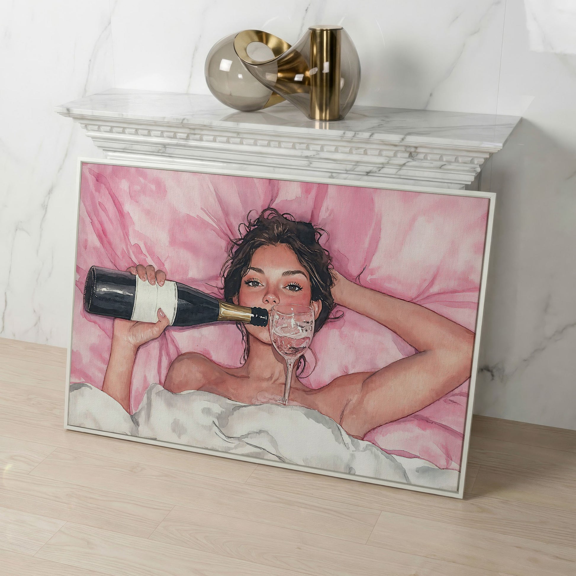 Woman with Wine Glass in Pink Watercolor canvas in white floating frame