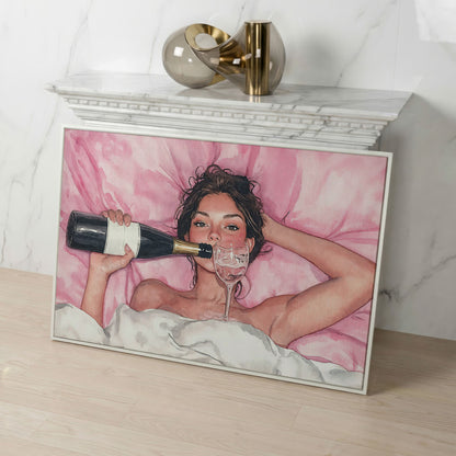 Woman with Wine Glass in Pink Watercolor canvas in white floating frame