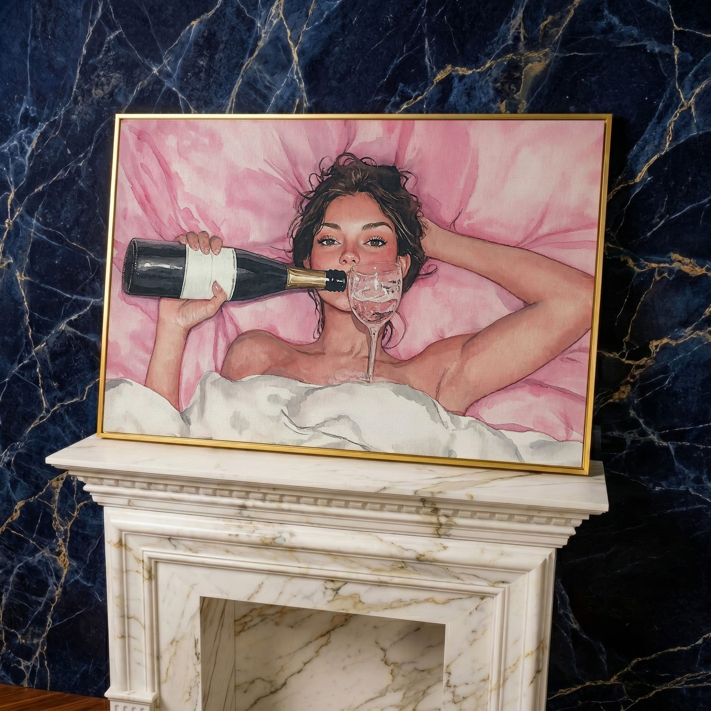 Woman with Wine Glass in Pink Watercolor canvas in yellow gold floating frame