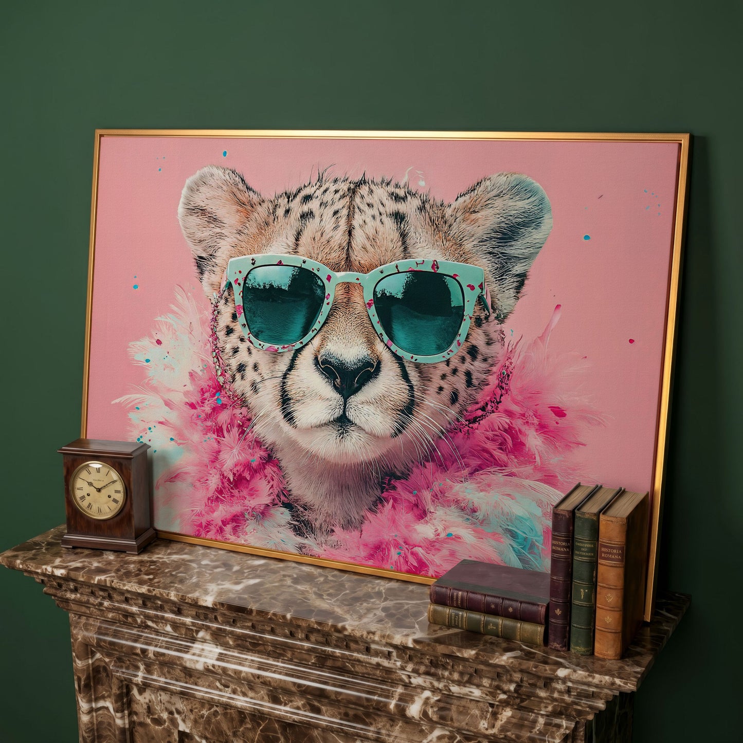 Pink Cheetah in Sunglasses Canvas Wall Art in antique gold floating frame
