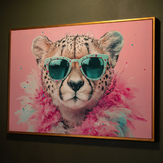 Pink Cheetah in Sunglasses Canvas Wall Art shown in antique gold floating frame