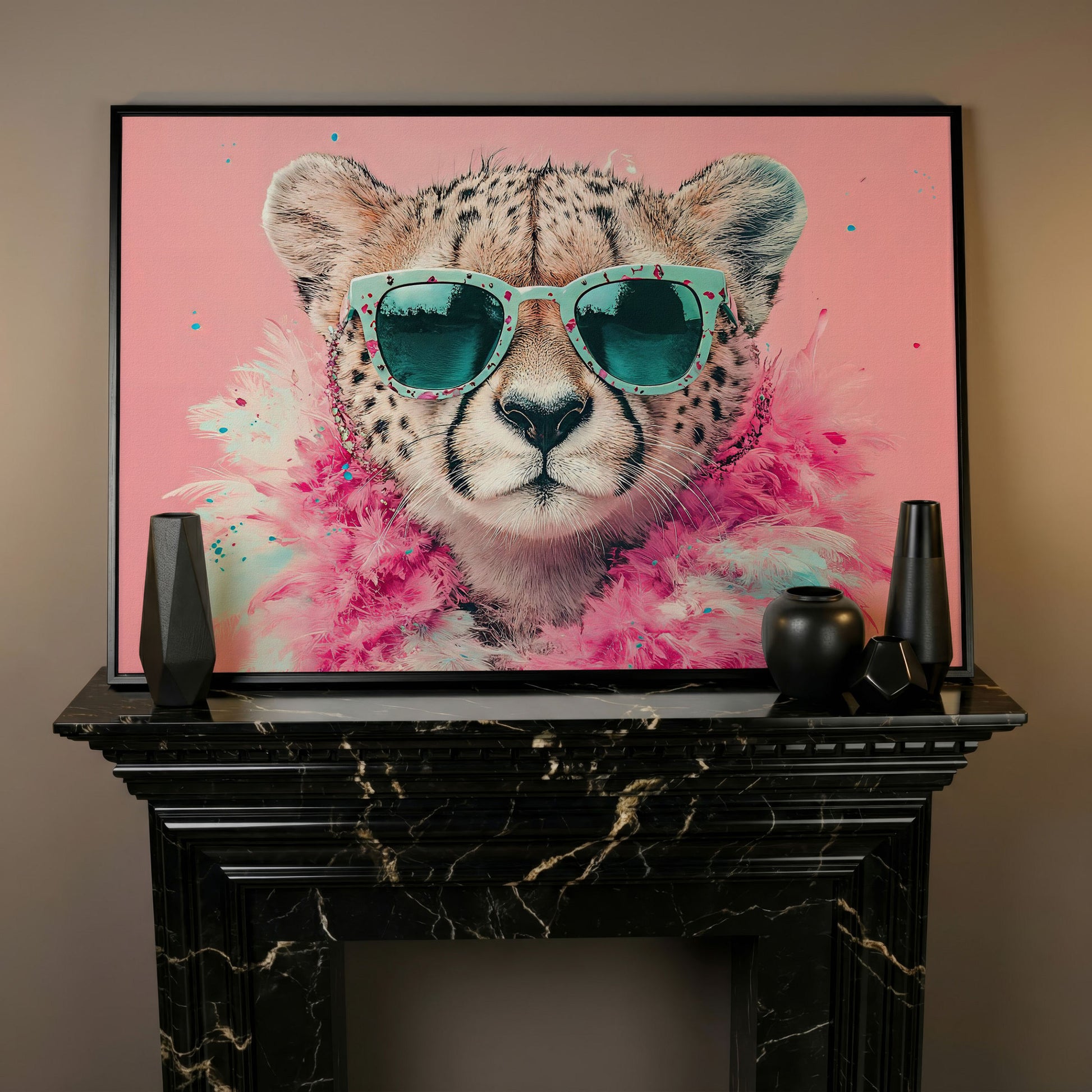 Pink Cheetah in Sunglasses Canvas Wall Art in black floating frame