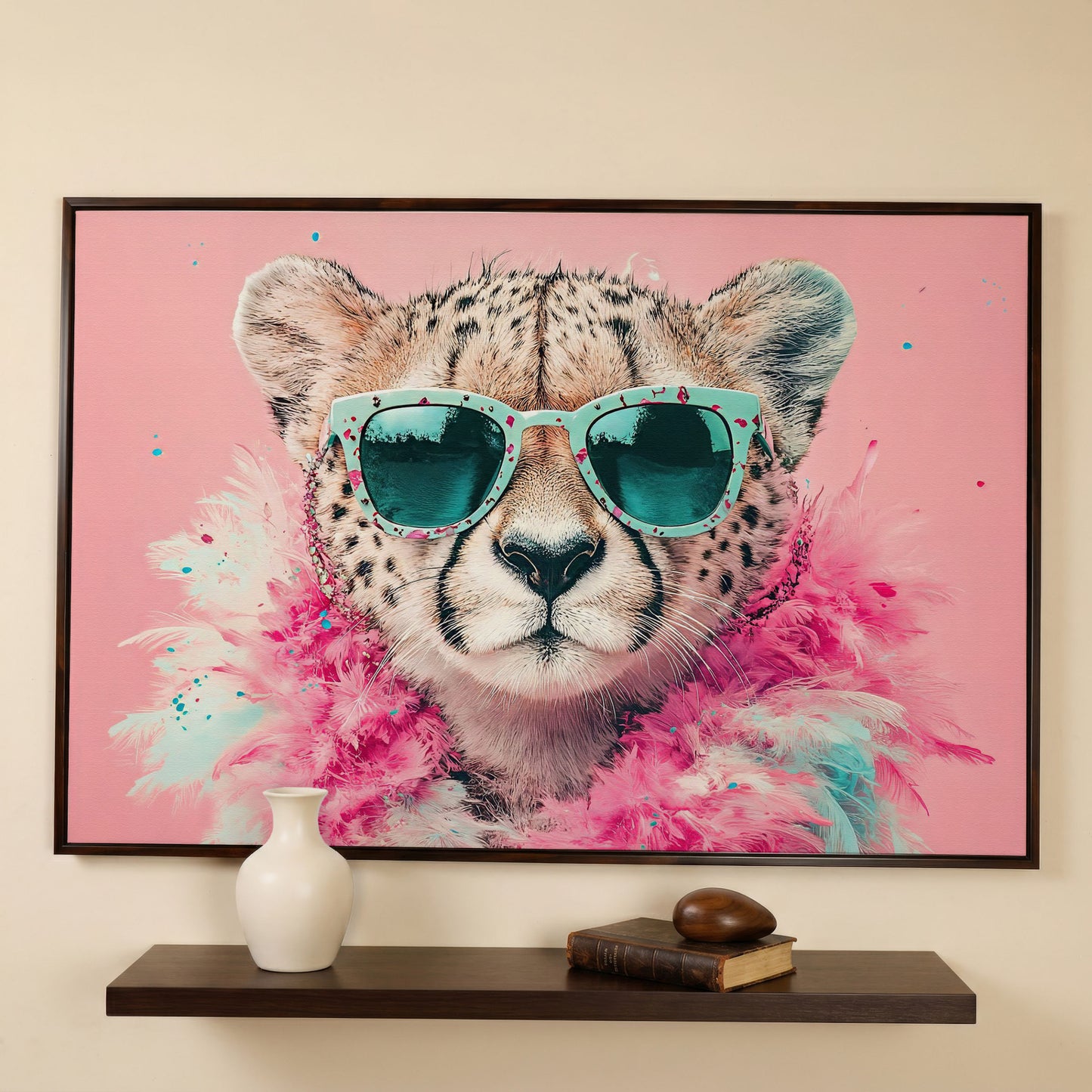 Pink Cheetah in Sunglasses Canvas Wall Art in dark walnut floating frame