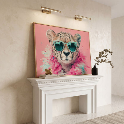 Pink Cheetah in Sunglasses Canvas Wall Art in white oak floating frame