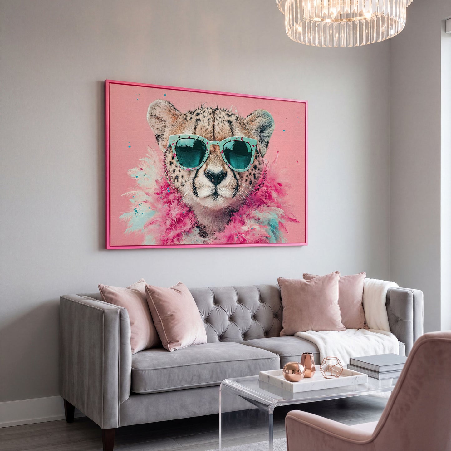 Pink Cheetah in Sunglasses Canvas Wall Art in pink floating frame