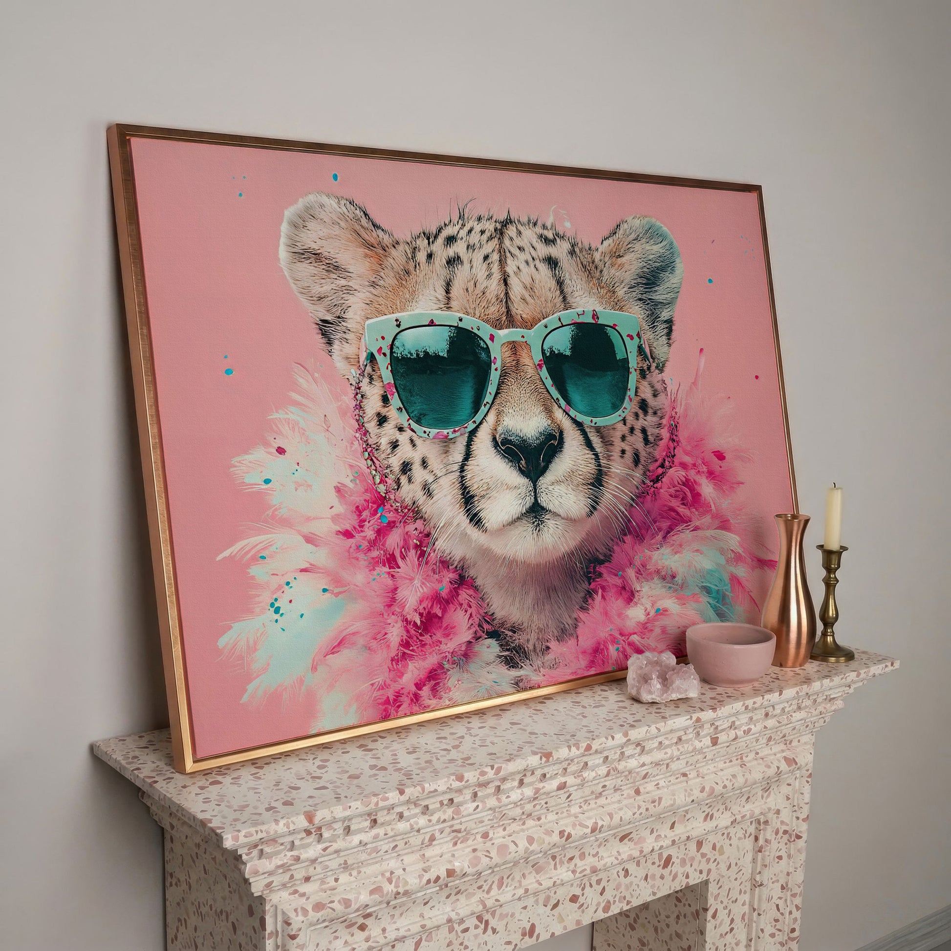 Pink Cheetah in Sunglasses Canvas Wall Art in rose gold floating frame