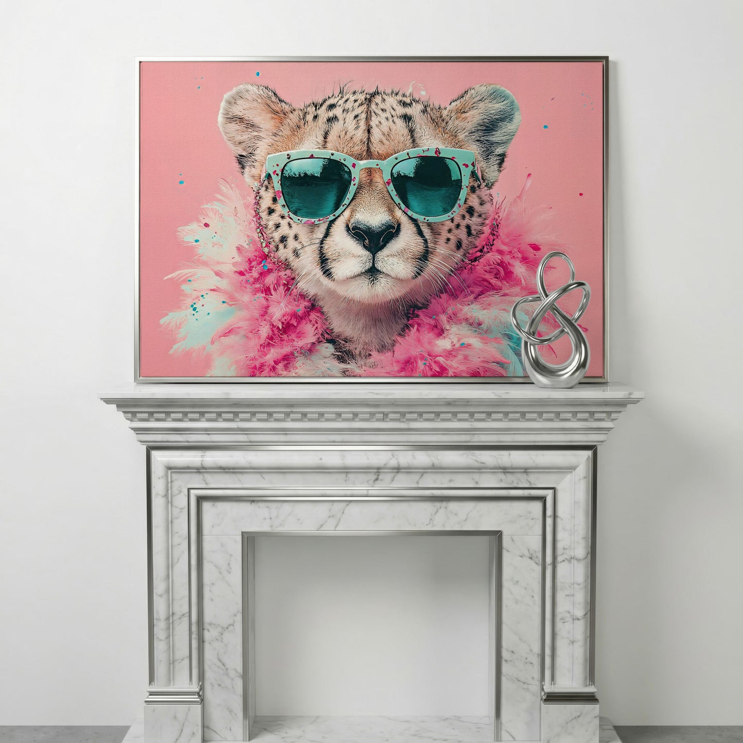 Pink Cheetah in Sunglasses Canvas Wall Art in silver floating frame