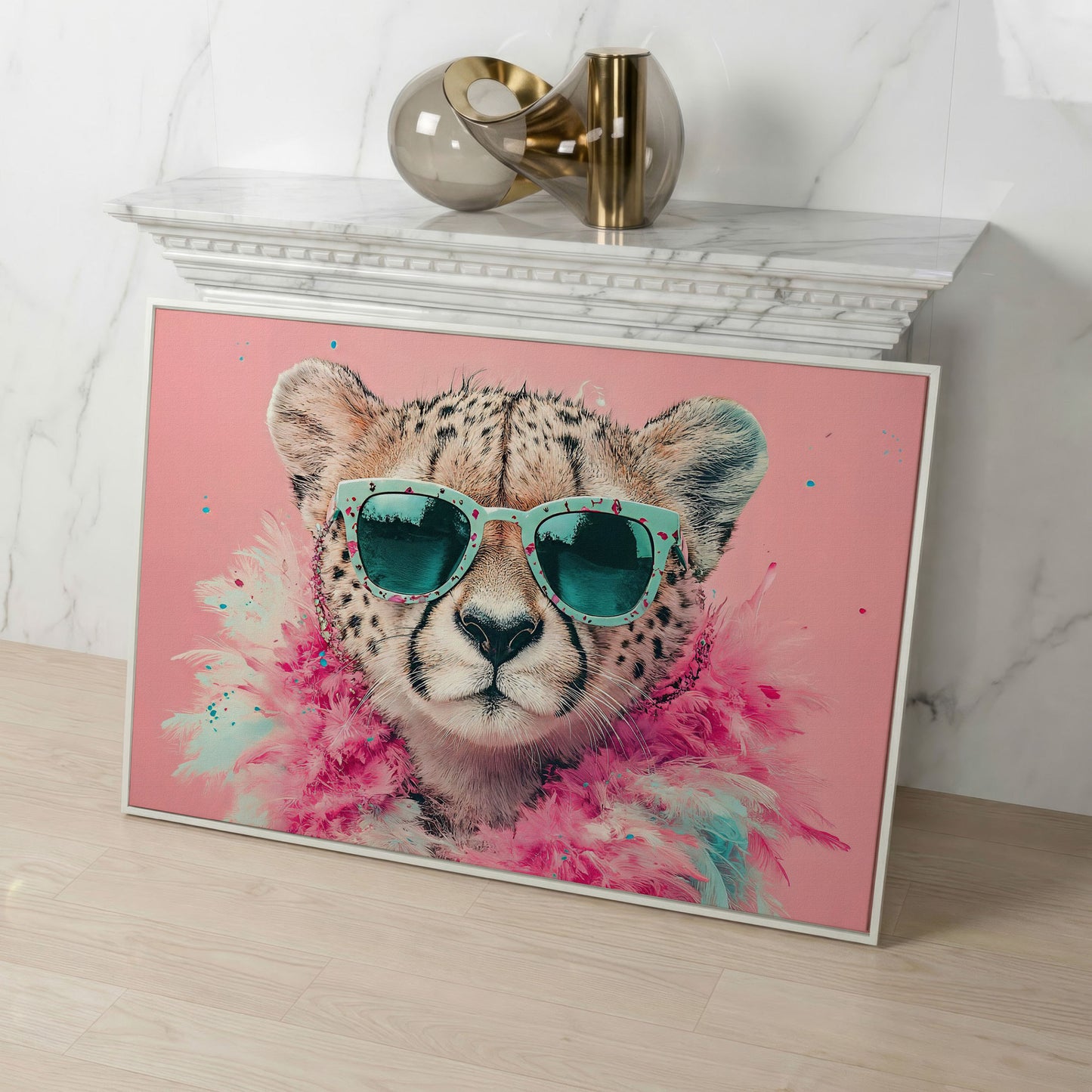 Pink Cheetah in Sunglasses Canvas Wall Art in white floating frame