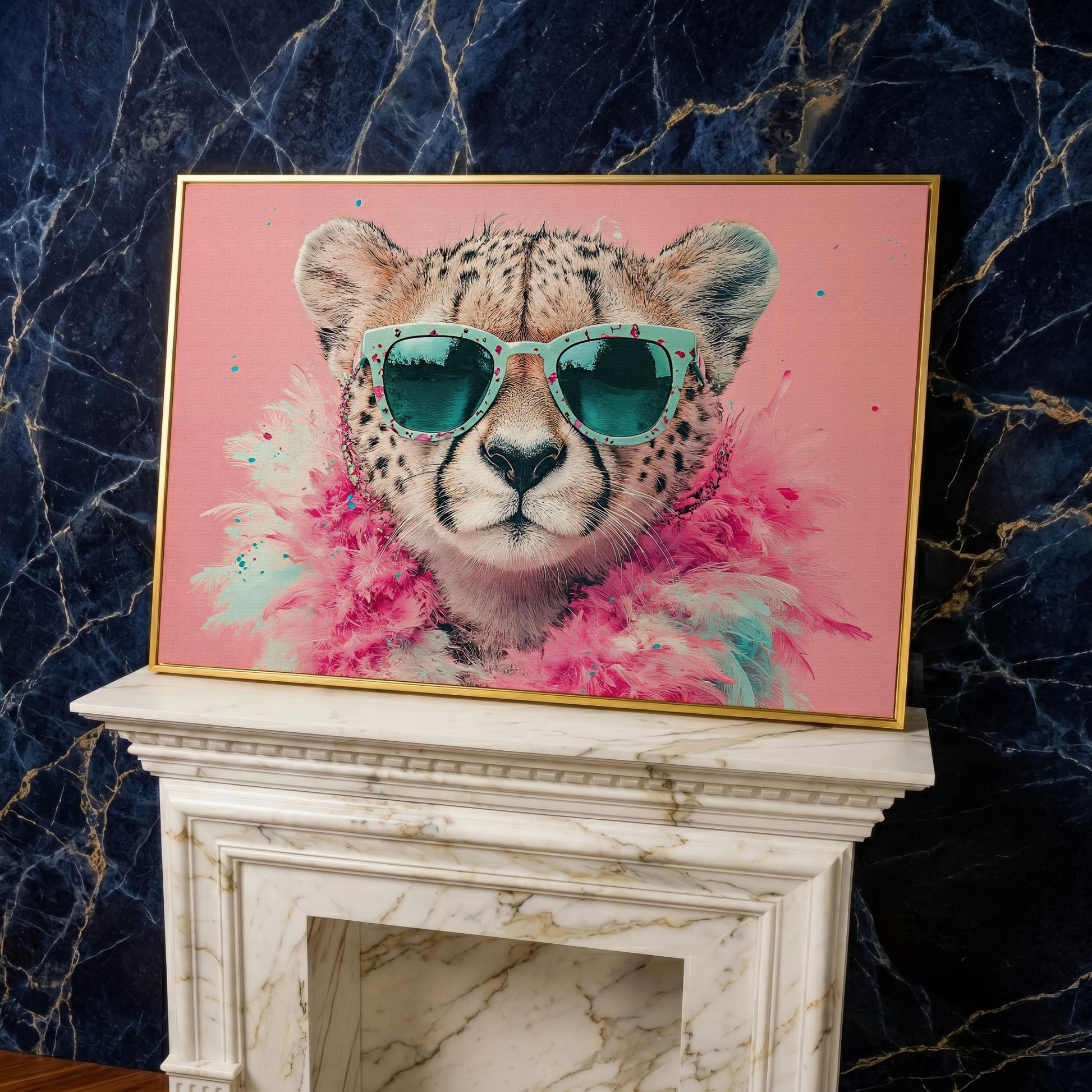 Pink Cheetah in Sunglasses Canvas Wall Art in yellow gold floating frame
