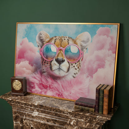 Cheetah in Pink Sunglasses with Fluffy Collar Canvas in antique gold floating frame