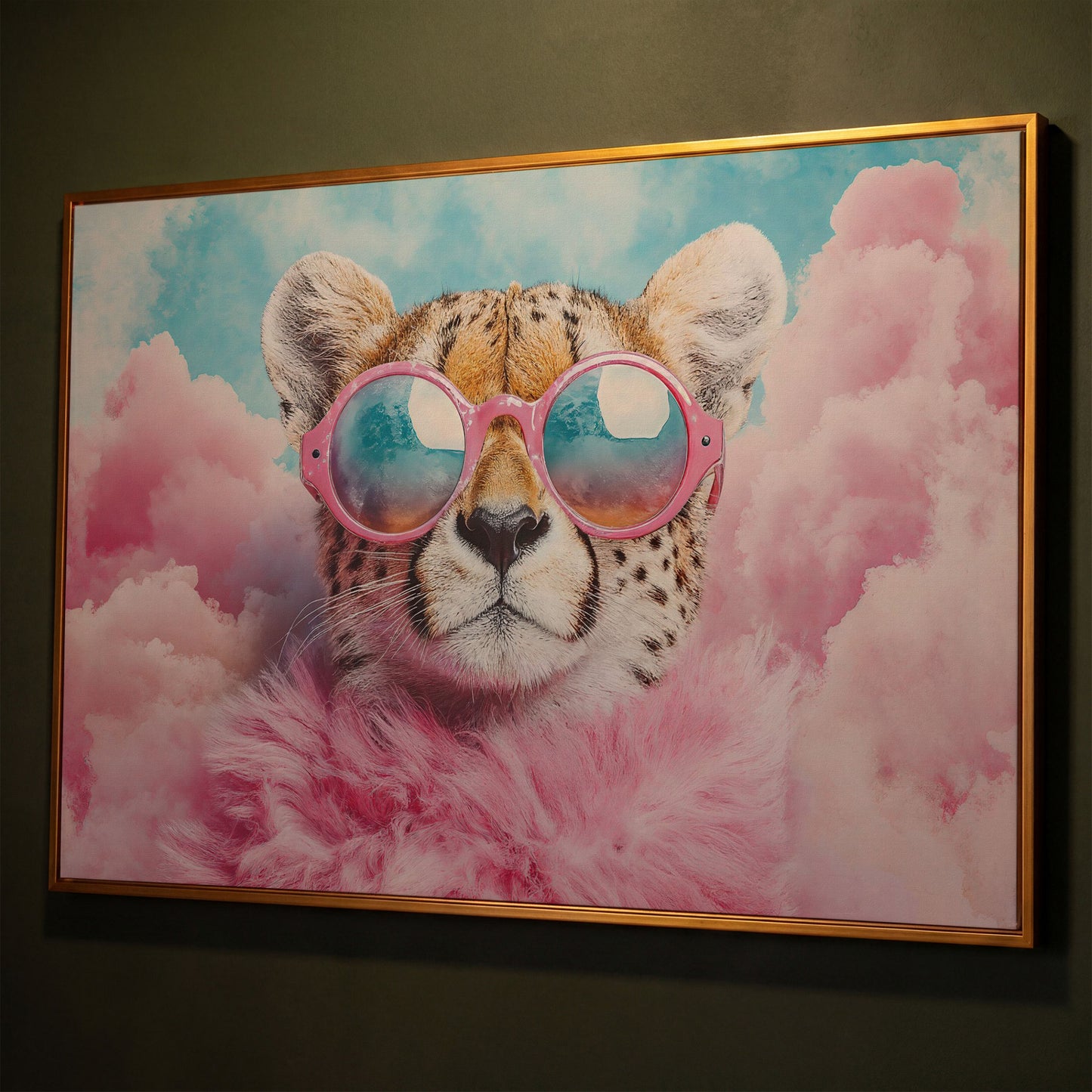 Cheetah in Pink Sunglasses with Fluffy Collar Canvas shown in antique gold floating frame