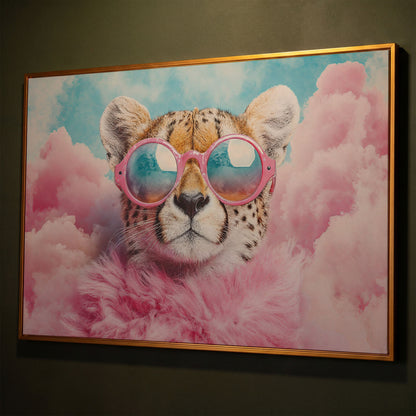 Cheetah in Pink Sunglasses with Fluffy Collar Canvas shown in antique gold floating frame