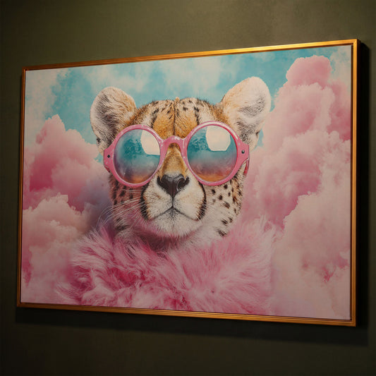 Cheetah in Pink Sunglasses with Fluffy Collar Canvas shown in antique gold floating frame
