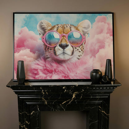 Cheetah in Pink Sunglasses with Fluffy Collar Canvas in black floating frame