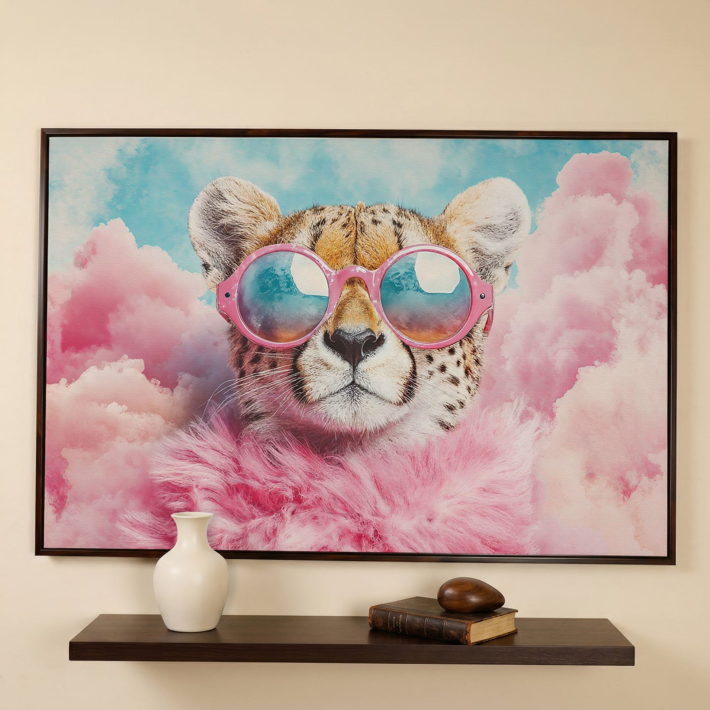 Cheetah in Pink Sunglasses with Fluffy Collar Canvas in dark walnut floating frame