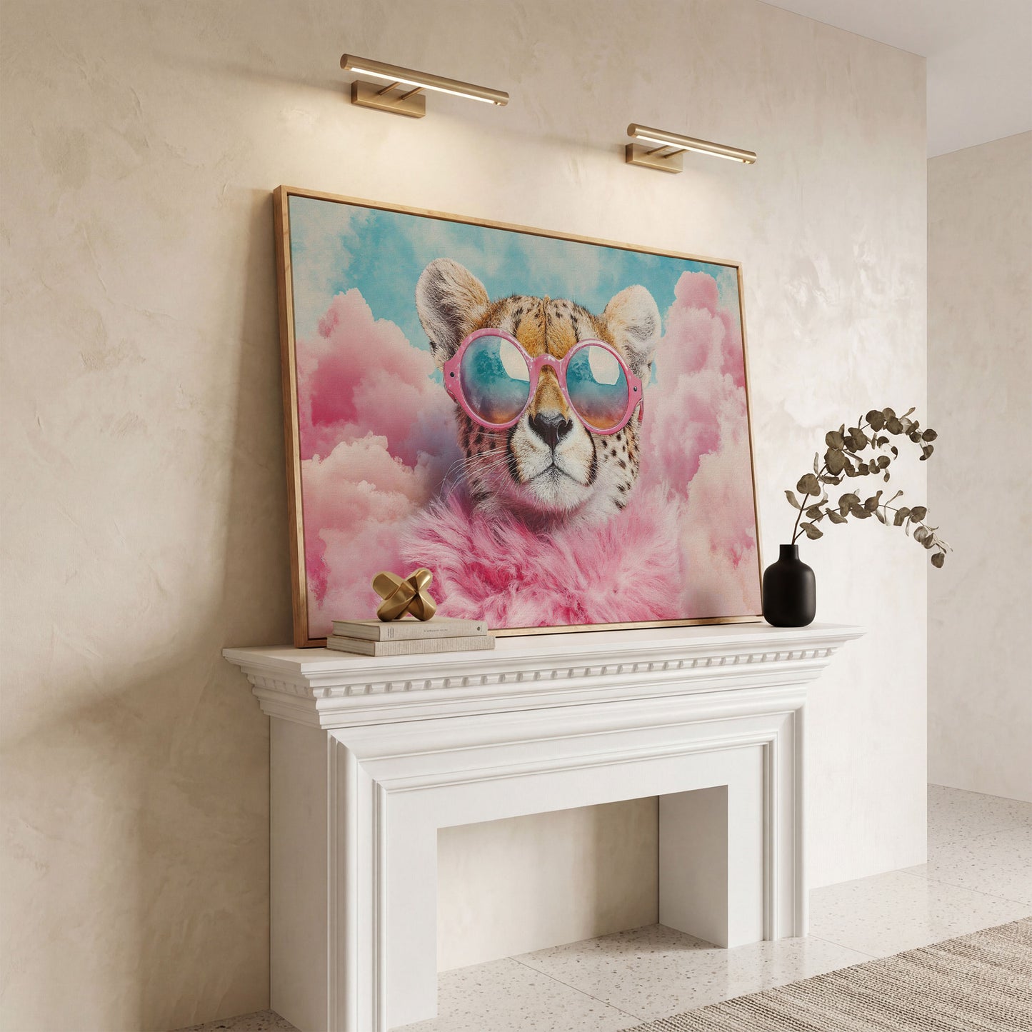 Cheetah in Pink Sunglasses with Fluffy Collar Canvas in white oak floating frame