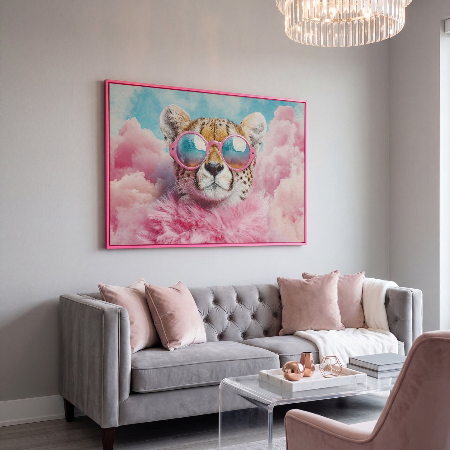 Cheetah in Pink Sunglasses with Fluffy Collar Canvas in pink floating frame