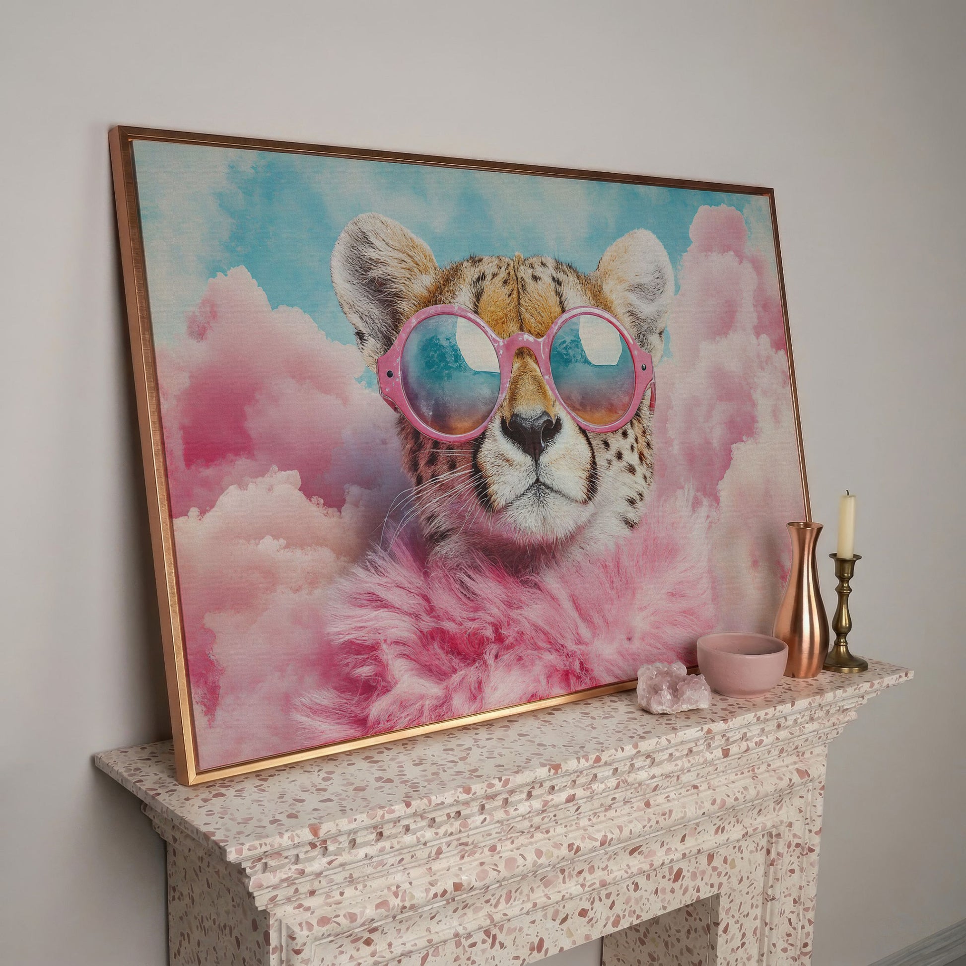 Cheetah in Pink Sunglasses with Fluffy Collar Canvas in rose gold floating frame